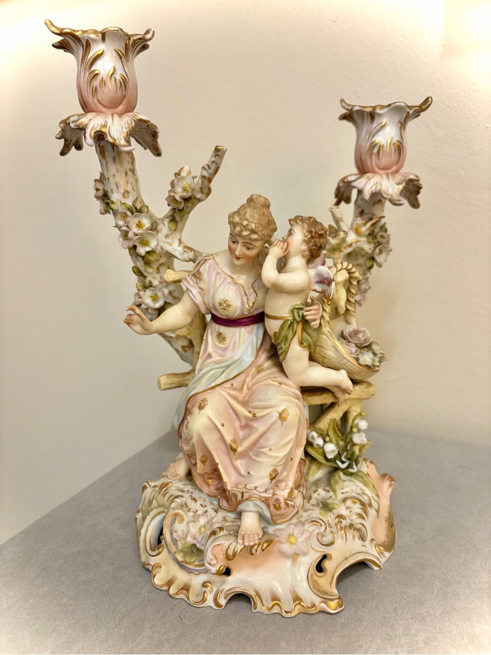 E & A Muller Antique 1890s Porcelain Candelabra With Elegant Cherub Figurines